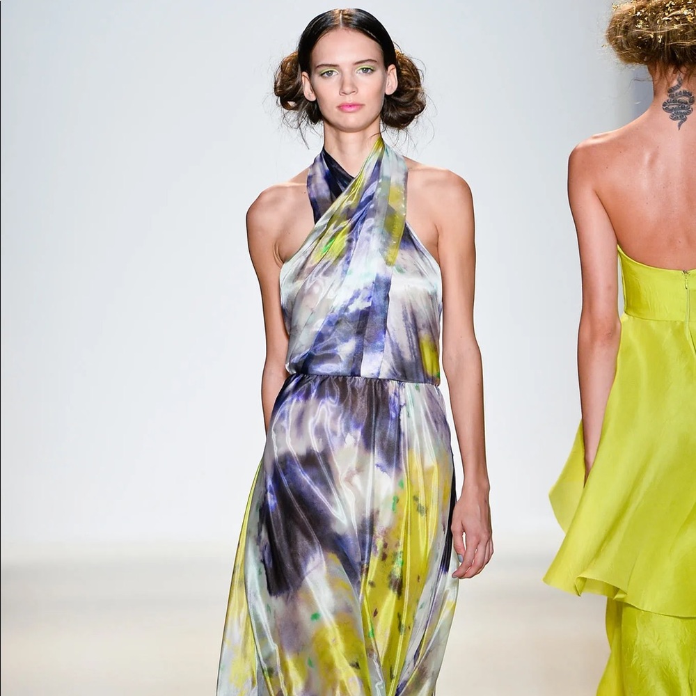 Lela Rose Multicolor Halter Midi Dress in Yellow, Blue, Purple